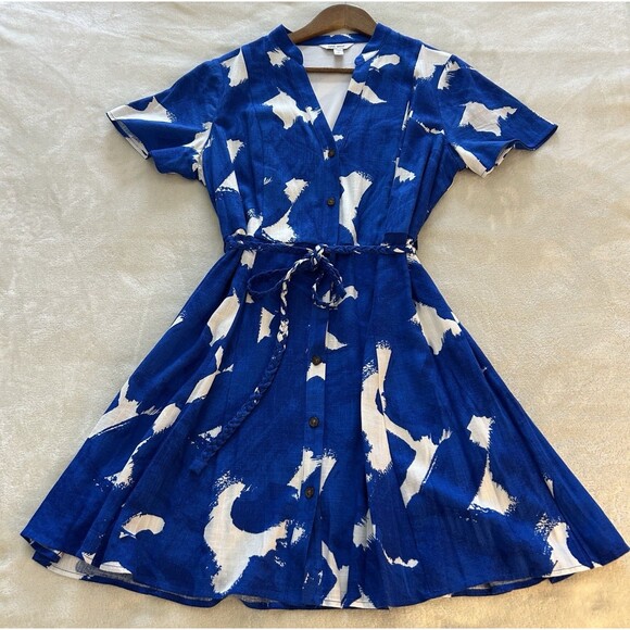 9 West Dress Large Linen Blend Button Front Blue White Resort Coastal Vacation - Picture 3 of 14